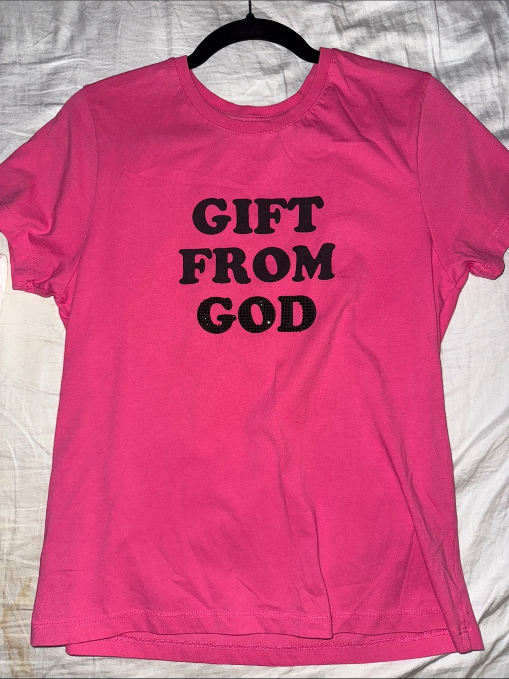Jaded London Hot Pink Tee with Black 'GIFT FROM GOD' Graphic with black diamond